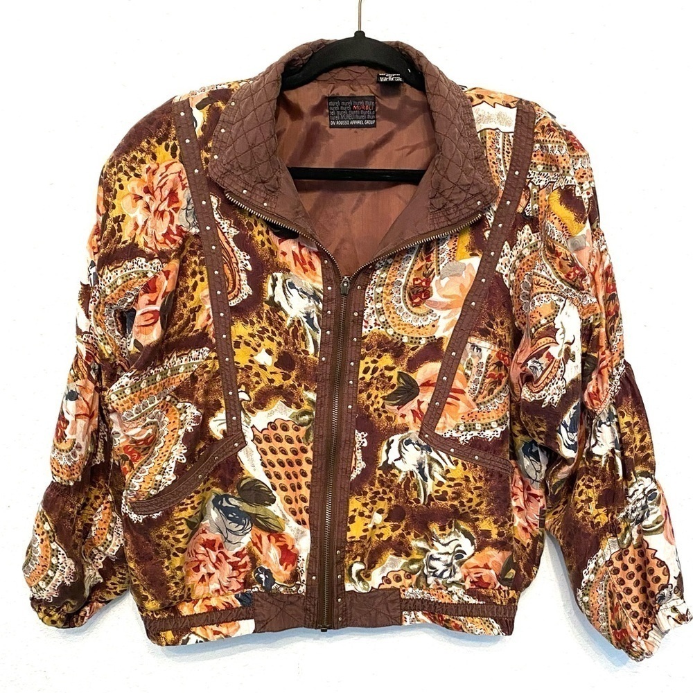 Vintage floral animal print silk zip track jacket